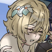Chibi Lumine, a bit worried and blushing.